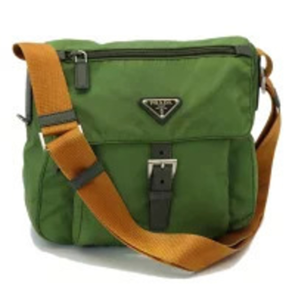 Prada crossbody bag green body tan shoulder strap